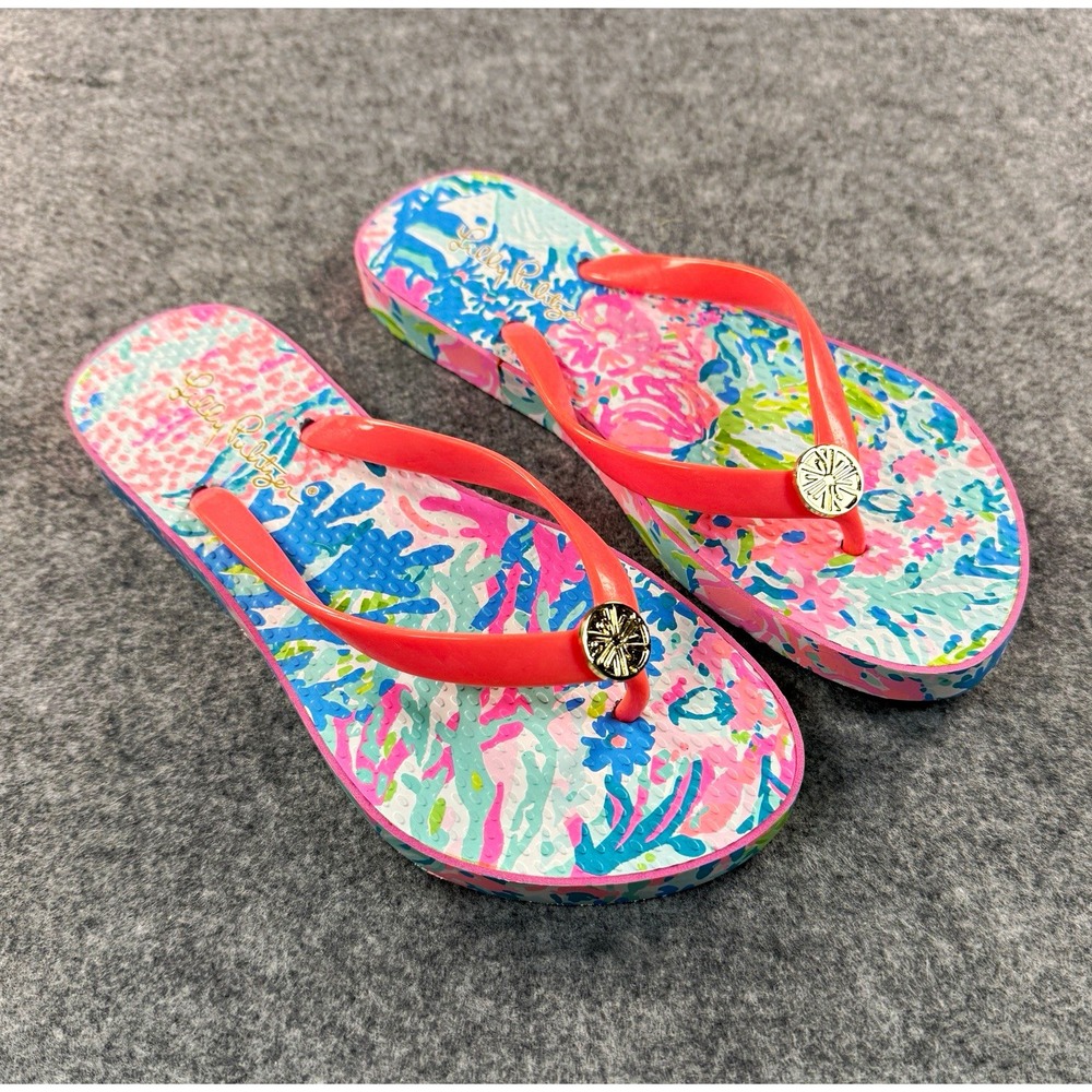 Lilly Pulitzer Womens Floral Flip Flop Sandals Multicolor Pink Logo Slip On 5/6